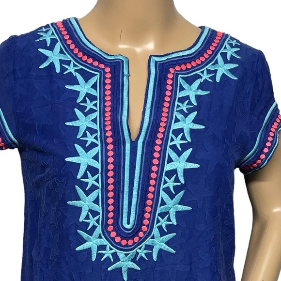 Vineyard Vines Blue 2 Starfish Embroidered Silk Blend Lined Tunic Shirt/Dress - Picture 3 of 11